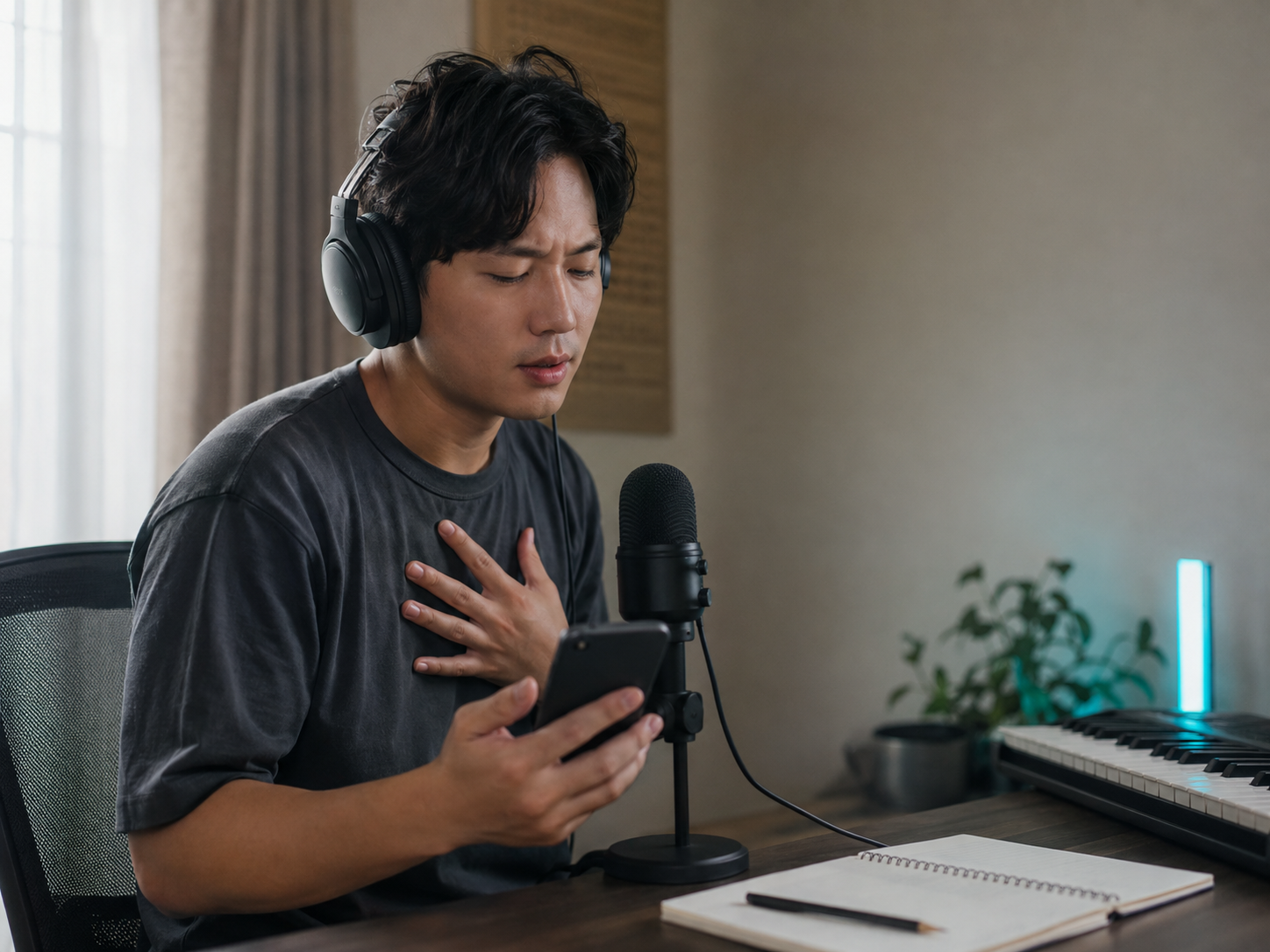 A singer practicing at home with a phone and headphones